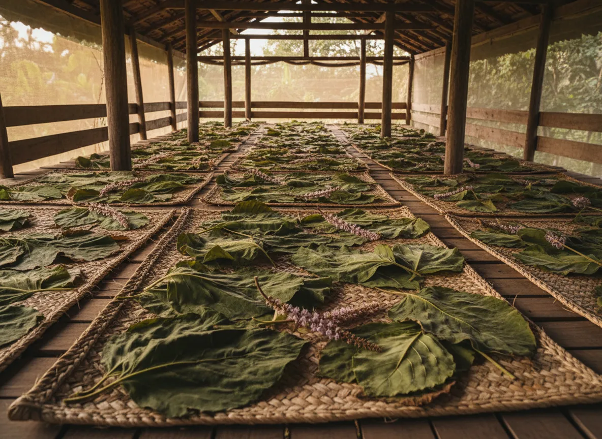 Patchouli leaves laid out to dry in the shade of an open-sided drying shed
